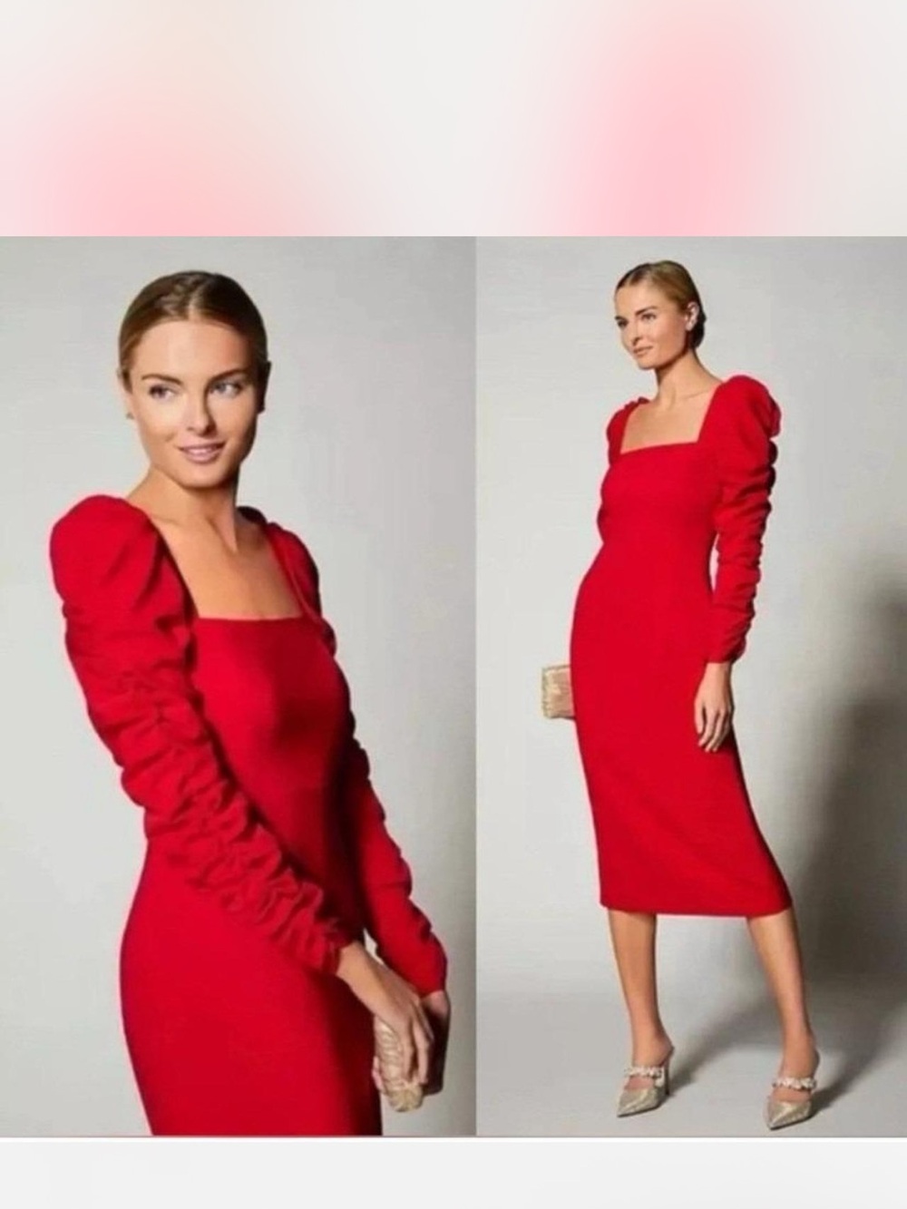 Antonio Melani Red Ruched Long Sleeve Midi Dress Square Neck Size 0